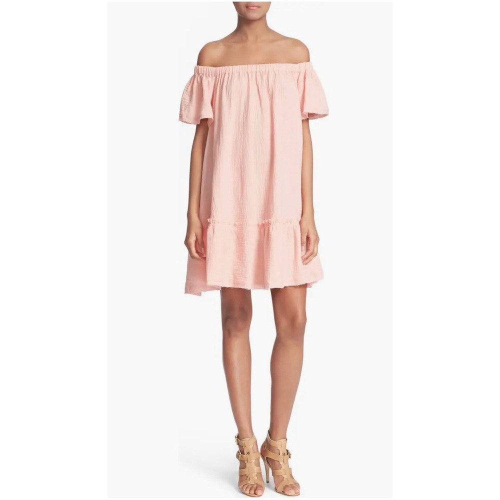 Rebecca Taylor Gauze‎ Off The Shoulder Cotton Swing Dress Sz 0 Peach Resort Boho